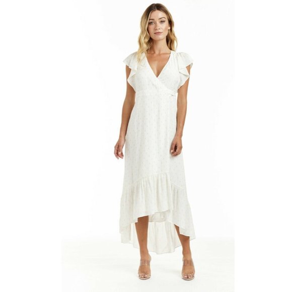 DREW Dresses & Skirts - (Sold) DREW Maggie White Gold Shimmer Wrap Midi Dr